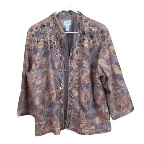 Chico's Jacket Blazer Bead Detail Netting Brown Floral Leaf Pattern XL Chico's 3 - Picture 1 of 5